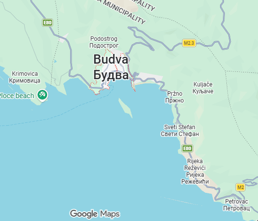 Carte de notre zone d'intervention autour de Budva sur la côte monténégrine